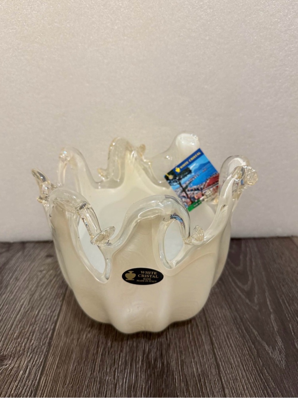 White Cristal Murano Style Italian Art Glass Bowl 8”